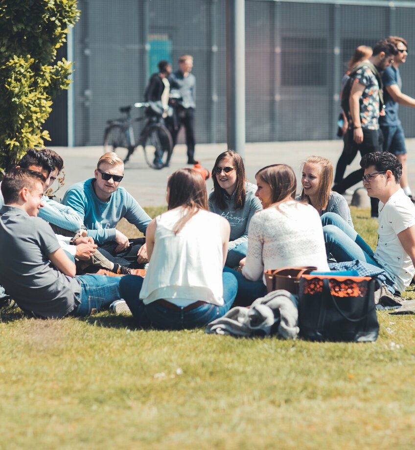 Studenten zittend in een cirkel in het gras